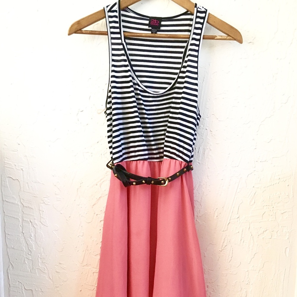 Cute Striped Hi Low Belted Dress